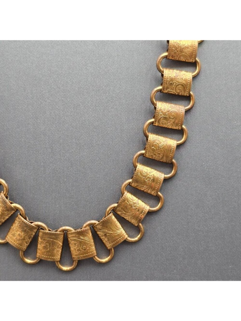 Antique Victorian Book Chain Necklace 24" Gold Tone 15.6mm Embossed Floral Panel - Picture 2 of 16